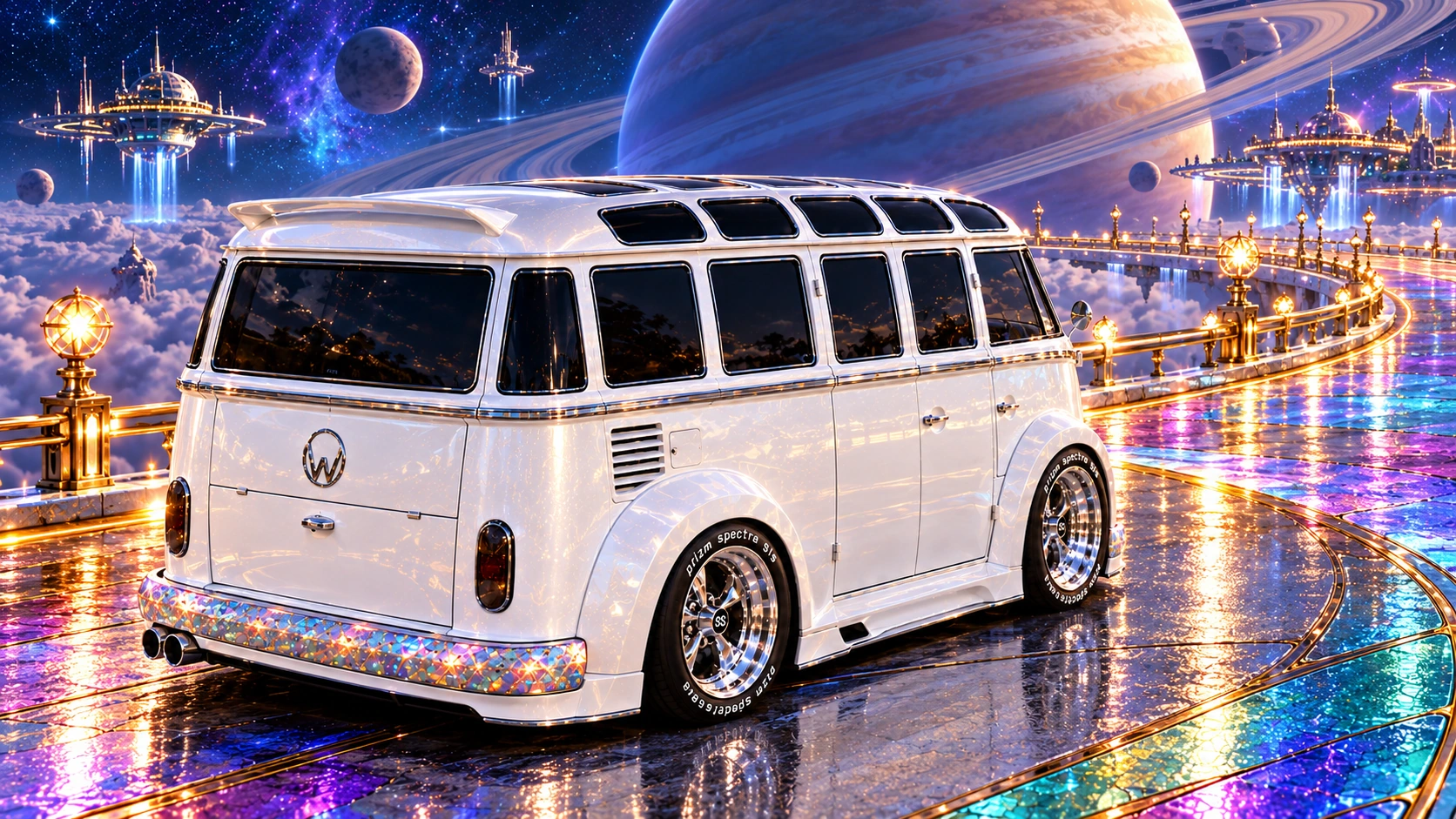 Starlite, the custom Volkswagen Samba. Starlite Samba Beneath a Ringed Planet. Fictional automotive artwork.