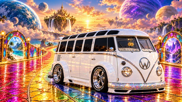 Starlite, the custom Volkswagen Samba. Starlite on the Rainbow Bridge(1). Fictional automotive artwork.