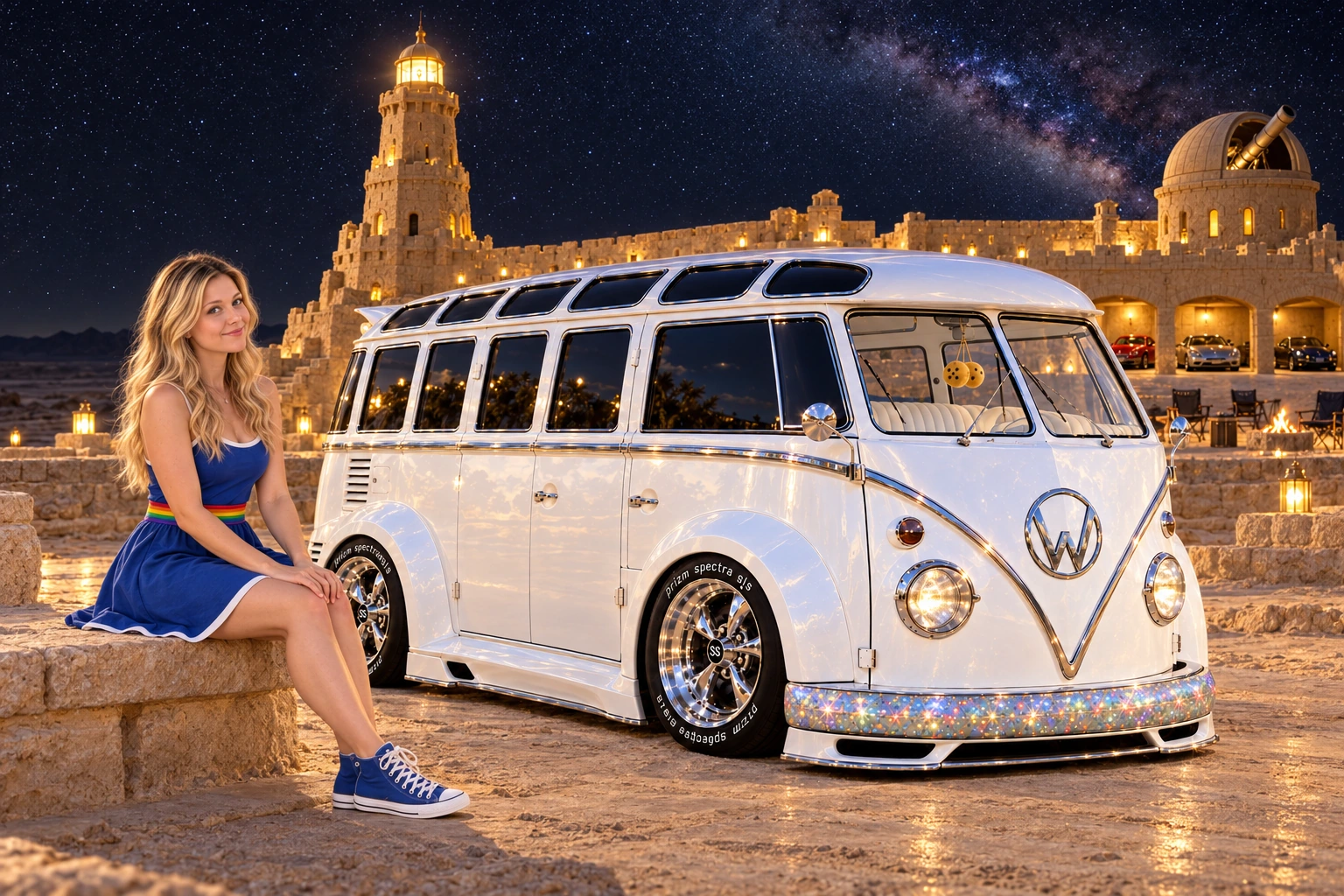 Starlite, the custom Volkswagen Samba. Kristin and Starlite at Far Beacon Keep. Fictional automotive artwork.