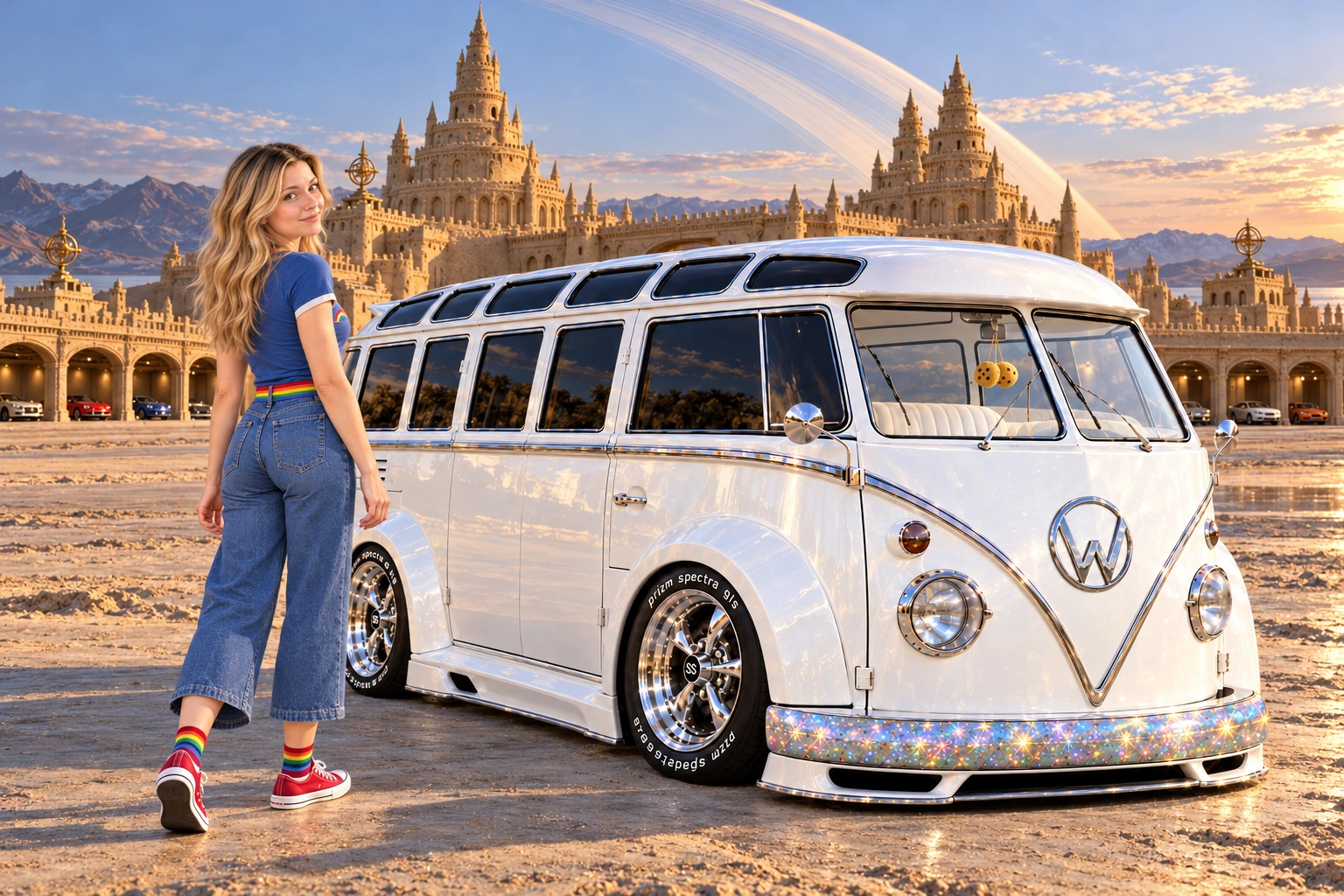 Starlite, the custom Volkswagen Samba. Kristin and Starlite Beneath Ringworld’s Golden Rings. Fictional automotive artwork.