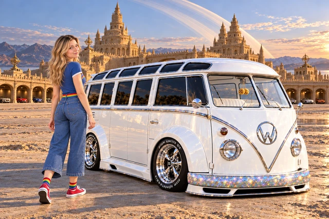 Starlite, the custom Volkswagen Samba. Kristin and Starlite Beneath Ringworld’s Golden Rings. Fictional automotive artwork.