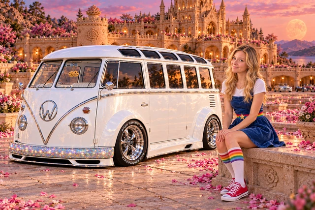 Starlite, the custom Volkswagen Samba. Kristin and Starlite at Blossom Press. Fictional automotive artwork.