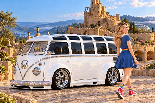 Starlite, the custom Volkswagen Samba. Kristin and Starlite at Wayfinder Crown. Fictional automotive artwork.