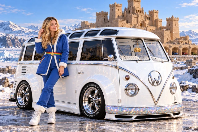Starlite, the custom Volkswagen Samba. Kristin and Starlite at Cryostone Castle. Fictional automotive artwork.