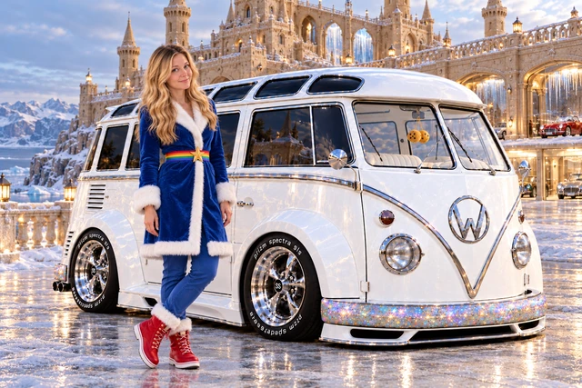 Starlite, the custom Volkswagen Samba. Kristin and Starlite at the Frost Keep. Fictional automotive artwork.