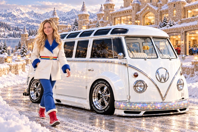 Starlite, the custom Volkswagen Samba. Snowglass Castle Drive with Starlite. Fictional automotive artwork.