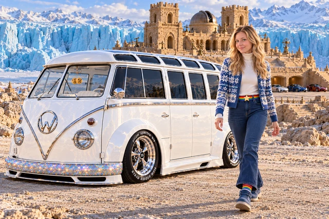 Starlite, the custom Volkswagen Samba. Kristin and Starlite at Blue Silence. Fictional automotive artwork.