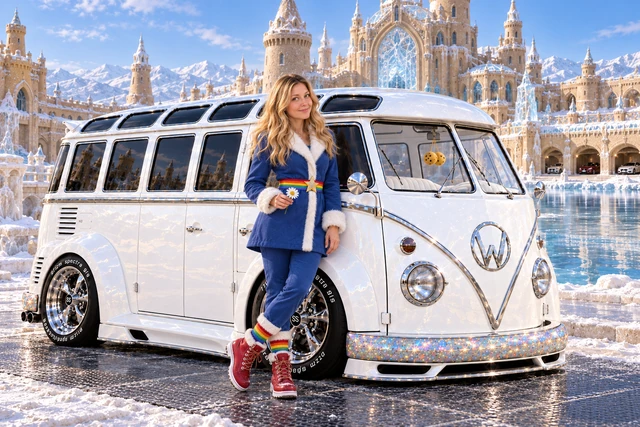 Starlite, the custom Volkswagen Samba. Kristin and Starlite at Mereglass Palace. Fictional automotive artwork.