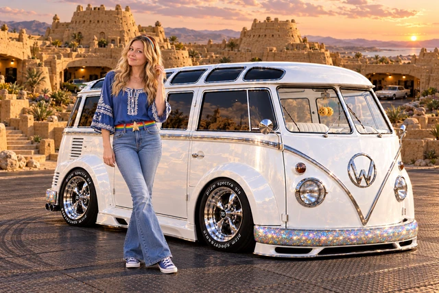 Starlite, the custom Volkswagen Samba. Starlite and Kristin at Drift Nine. Fictional automotive artwork.