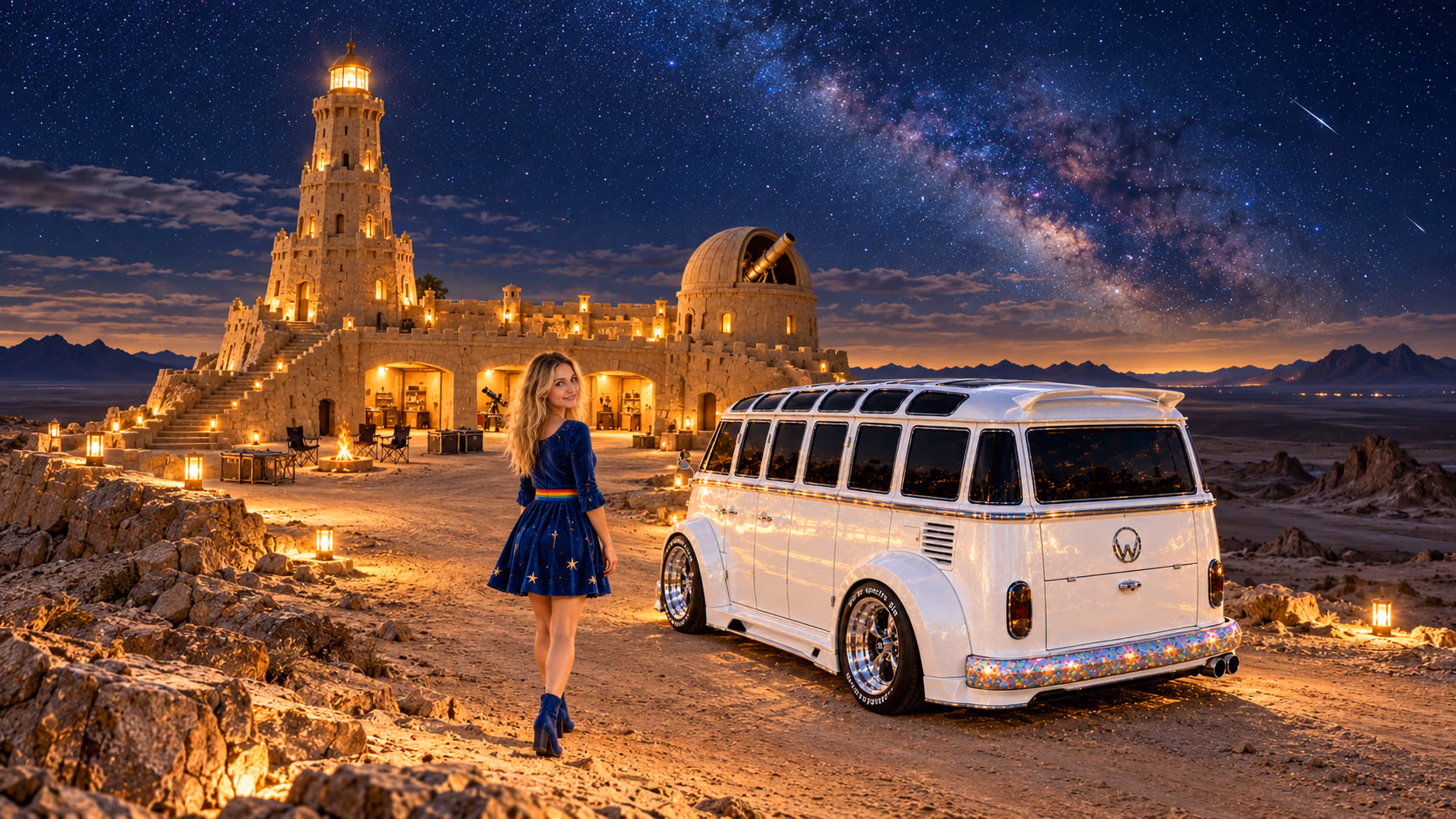 Blonde Iridella in Rainbow Brite-inspired clothing beside the pearl-white custom Volkswagen Samba Starlite at The Last Light, with an expansive fantasy landscape.