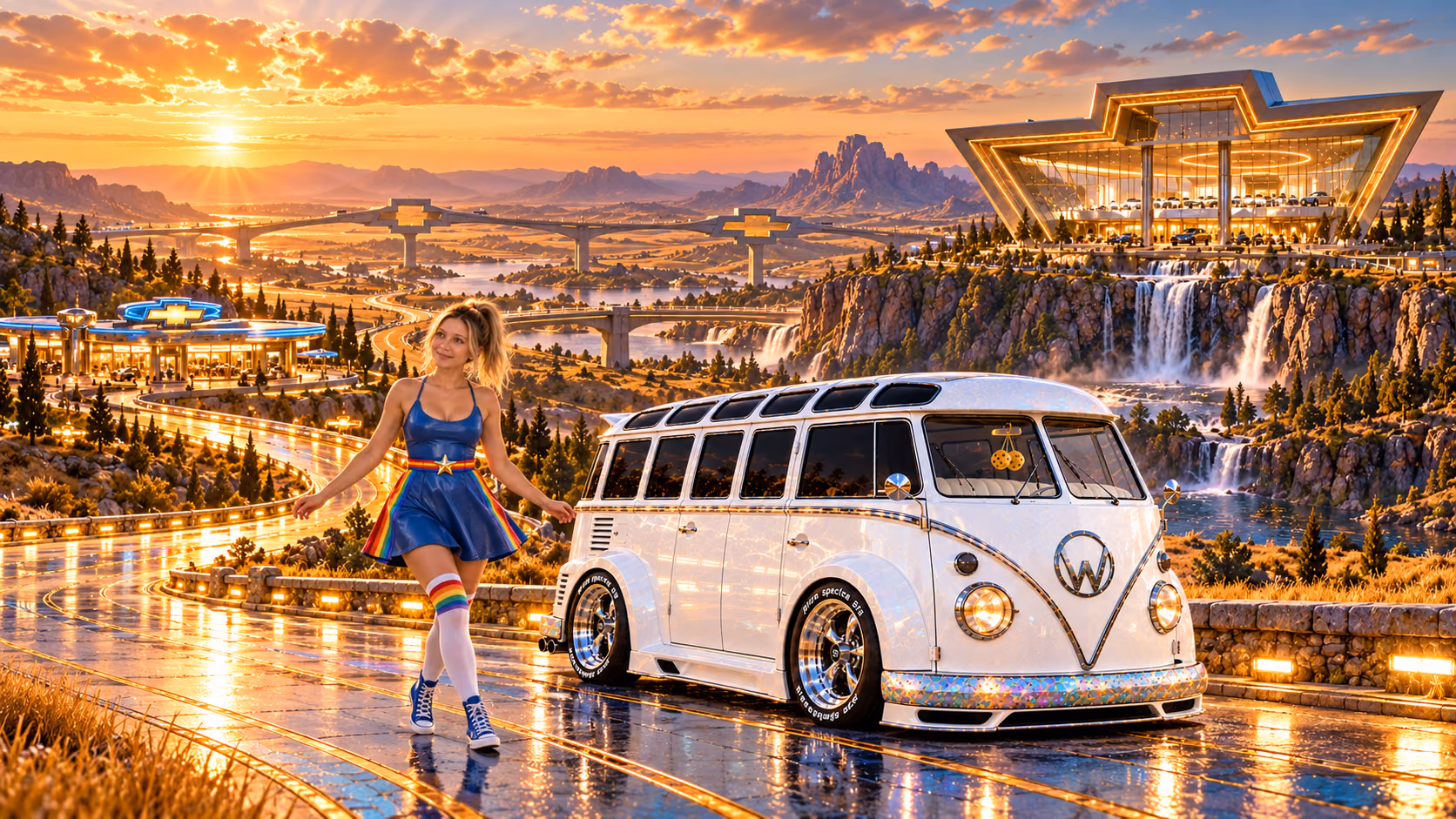 Blonde Iridella in Rainbow Brite-inspired clothing beside the pearl-white custom Volkswagen Samba Starlite at Bowtierra, with an expansive fantasy landscape.
