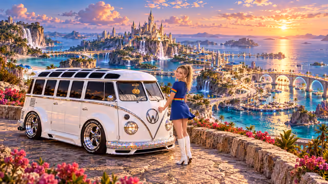 Blonde Iridella in Rainbow Brite-inspired clothing beside the pearl-white custom Volkswagen Samba Starlite at Ovalon, with an expansive fantasy landscape.