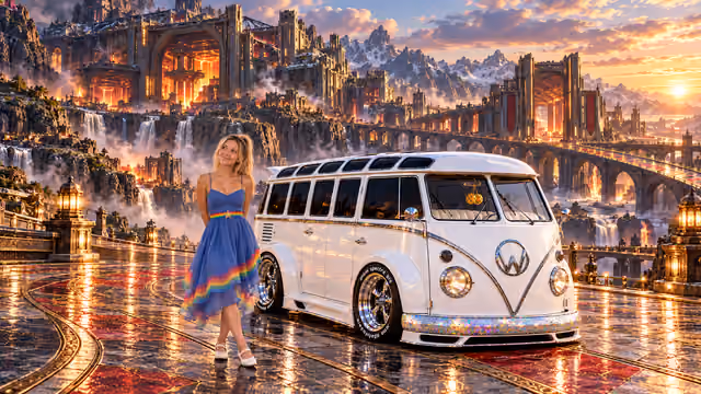 Blonde Iridella in Rainbow Brite-inspired clothing beside the pearl-white custom Volkswagen Samba Starlite at Titanforge, with an expansive fantasy landscape.