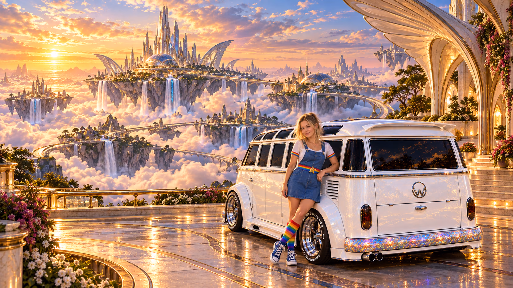 Blonde Iridella in Rainbow Brite-inspired clothing beside the pearl-white custom Volkswagen Samba Starlite at Chrysalis, with an expansive fantasy landscape.