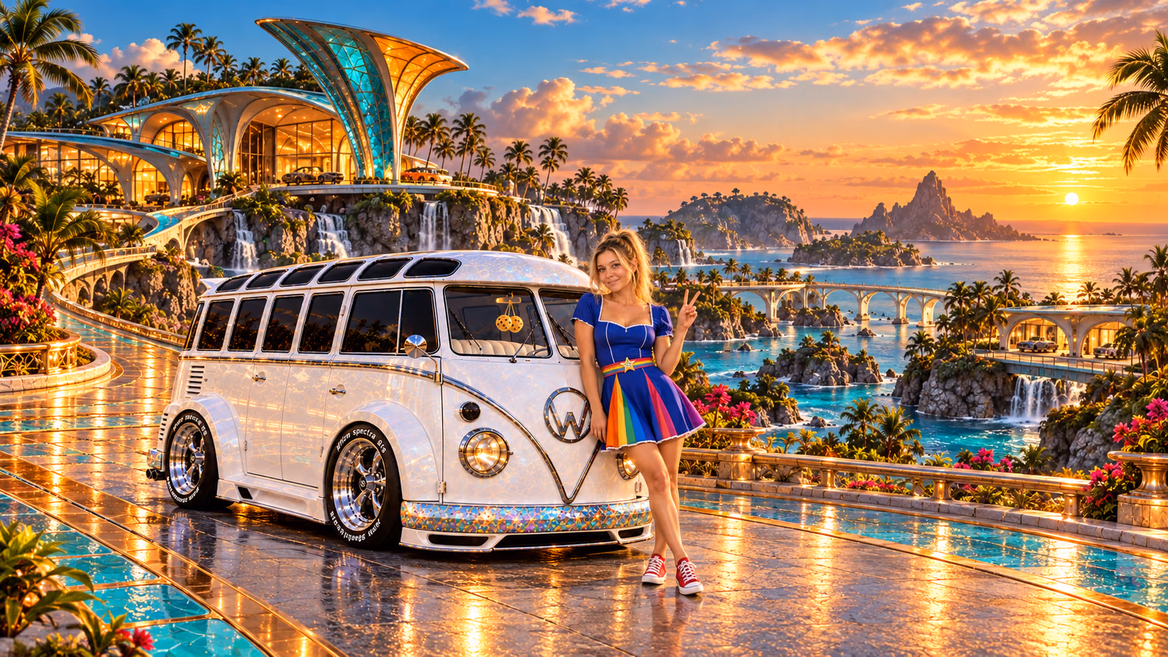 Blonde Iridella in Rainbow Brite-inspired clothing beside the pearl-white custom Volkswagen Samba Starlite at Barracudia, with an expansive fantasy landscape.