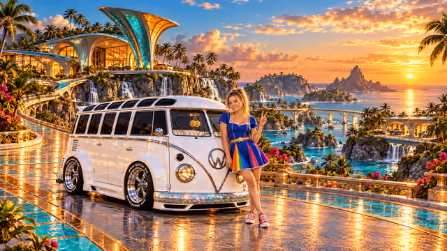 Blonde Iridella in Rainbow Brite-inspired clothing beside the pearl-white custom Volkswagen Samba Starlite at Barracudia, with an expansive fantasy landscape.