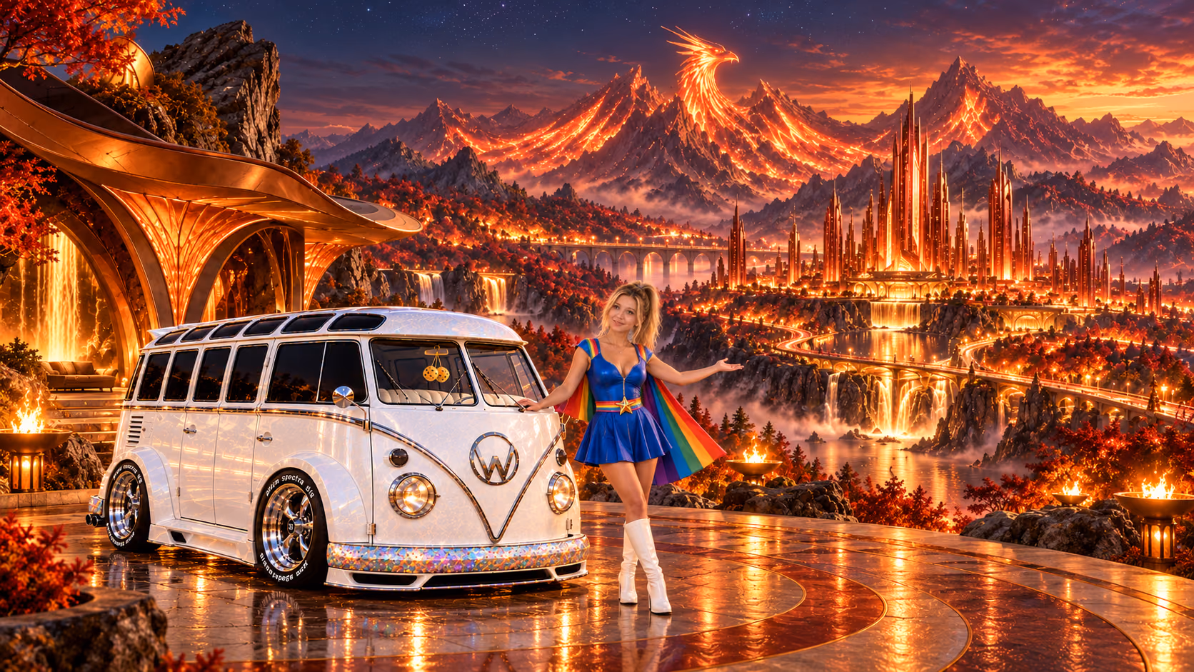 Blonde Iridella in Rainbow Brite-inspired clothing beside the pearl-white custom Volkswagen Samba Starlite at Firehaven, with an expansive fantasy landscape.