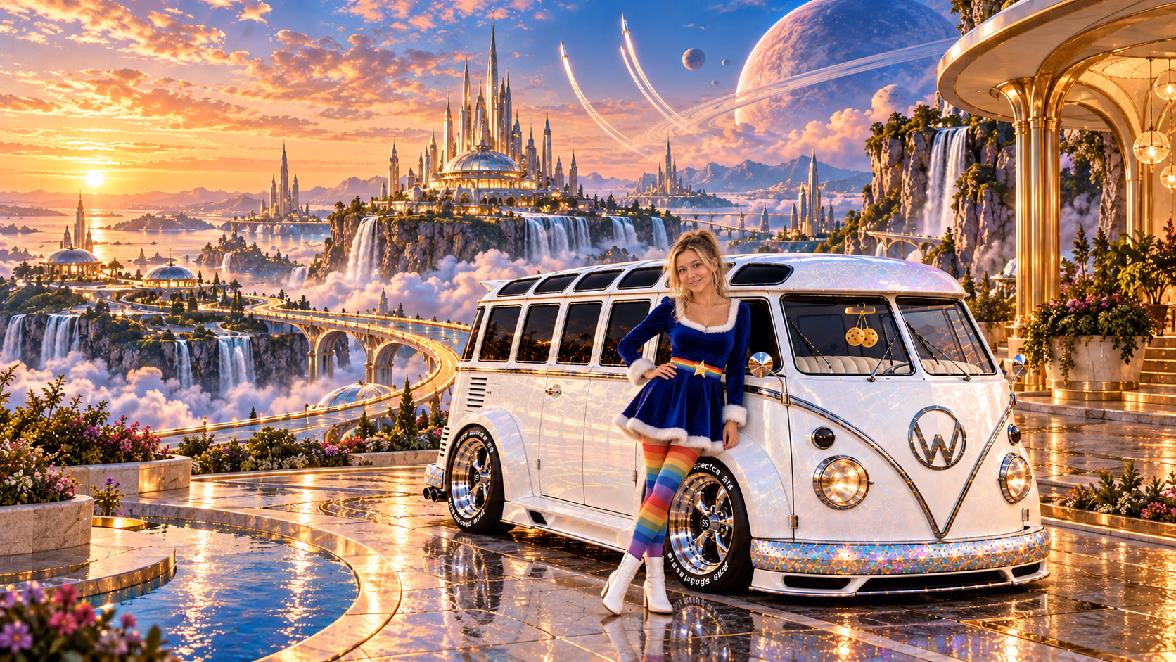 Blonde Iridella in Rainbow Brite-inspired clothing beside the pearl-white custom Volkswagen Samba Starlite at Auravelle, with an expansive fantasy landscape.