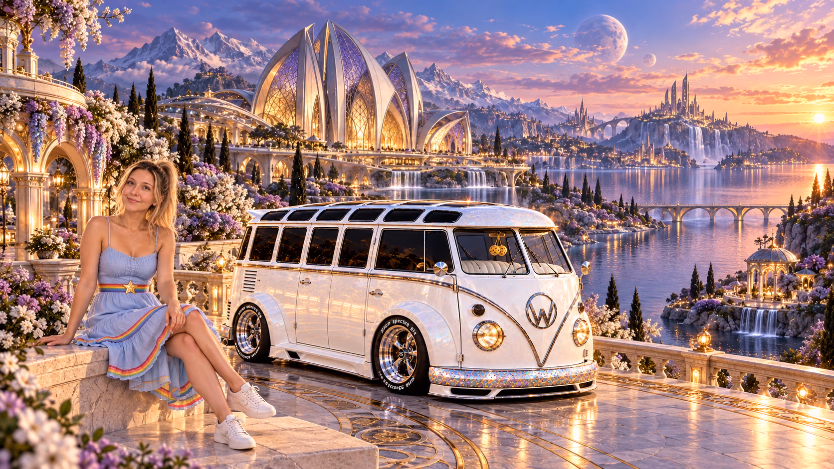 Blonde Iridella in Rainbow Brite-inspired clothing beside the pearl-white custom Volkswagen Samba Starlite at Veloria, with an expansive fantasy landscape.