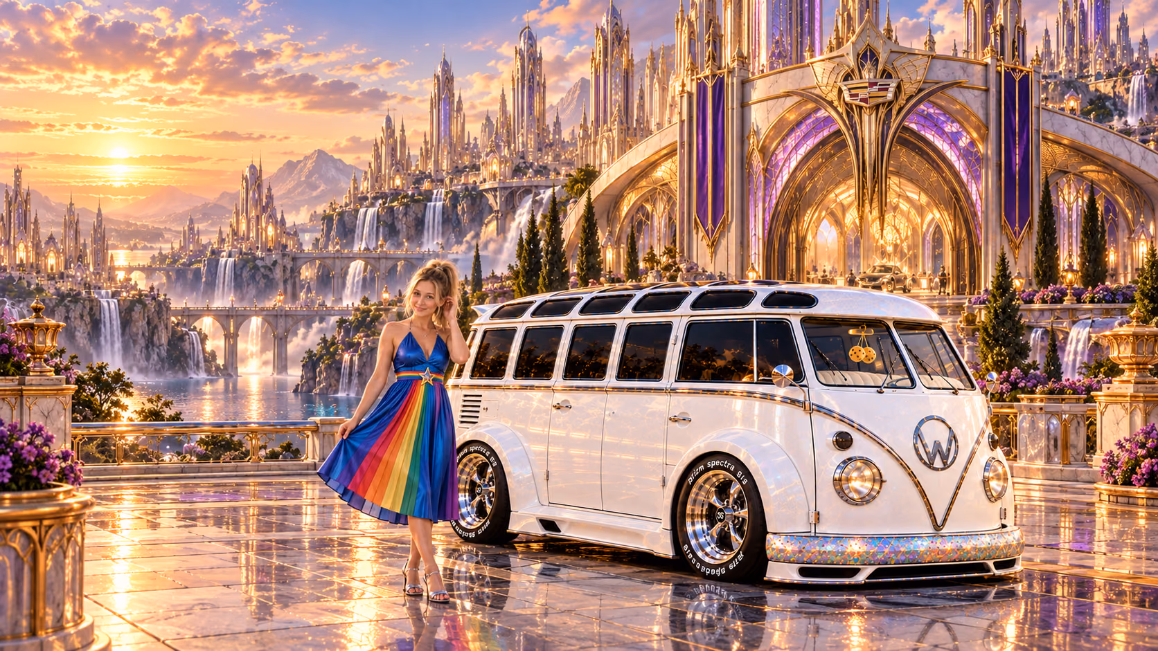 Blonde Iridella in Rainbow Brite-inspired clothing beside the pearl-white custom Volkswagen Samba Starlite at Crestoria, with an expansive fantasy landscape.