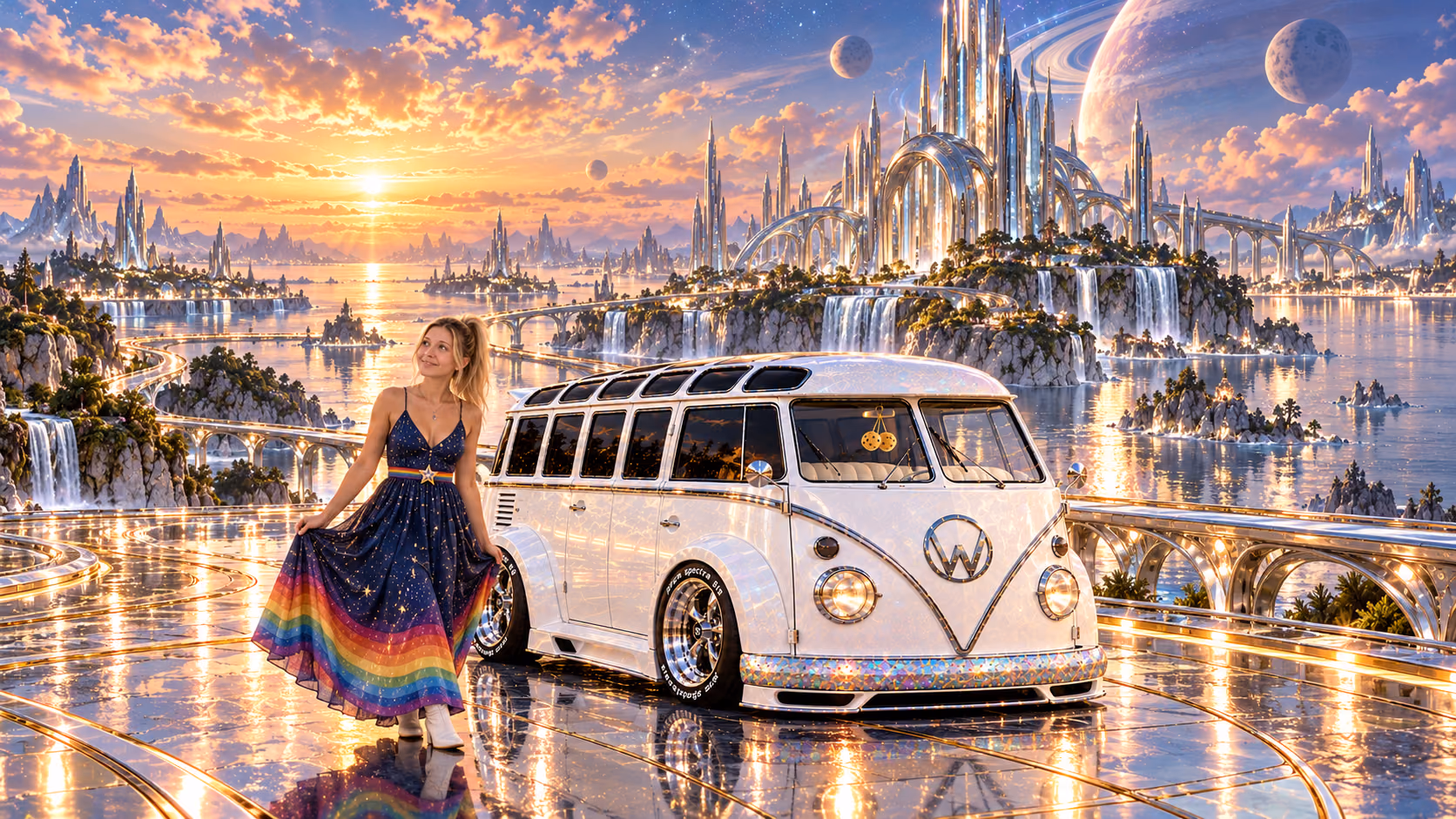 Blonde Iridella in Rainbow Brite-inspired clothing beside the pearl-white custom Volkswagen Samba Starlite at Quicksilver, with an expansive fantasy landscape.