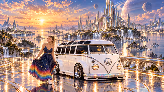 Blonde Iridella in Rainbow Brite-inspired clothing beside the pearl-white custom Volkswagen Samba Starlite at Quicksilver, with an expansive fantasy landscape.