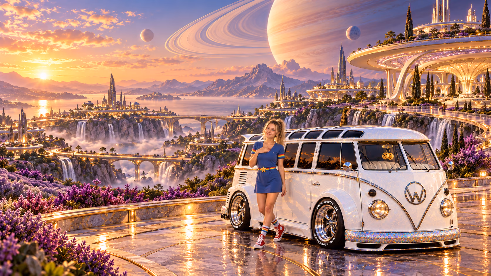 Blonde Iridella in Rainbow Brite-inspired clothing beside the pearl-white custom Volkswagen Samba Starlite at Orbitra, with an expansive fantasy landscape.
