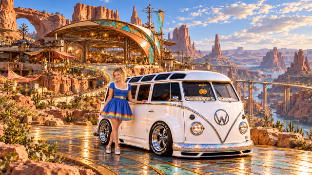 Blonde Iridella in Rainbow Brite-inspired clothing beside the pearl-white custom Volkswagen Samba Starlite at Ramblora, with an expansive fantasy landscape.