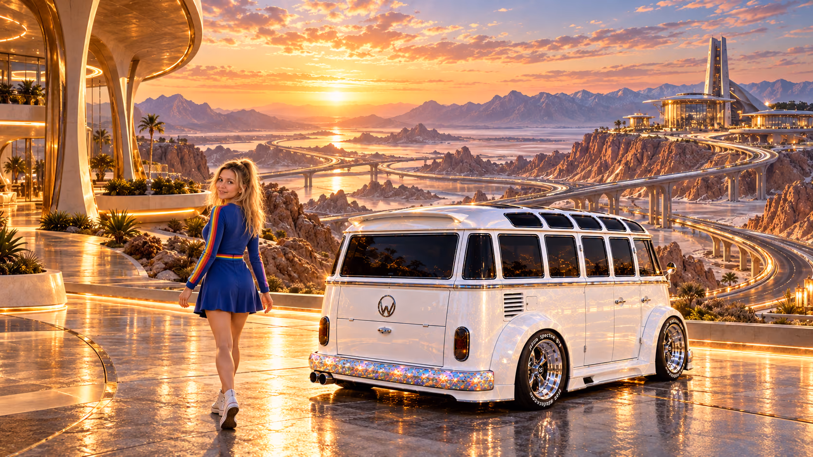 Blonde Iridella in Rainbow Brite-inspired clothing beside the pearl-white custom Volkswagen Samba Starlite at Serevex, with an expansive fantasy landscape.