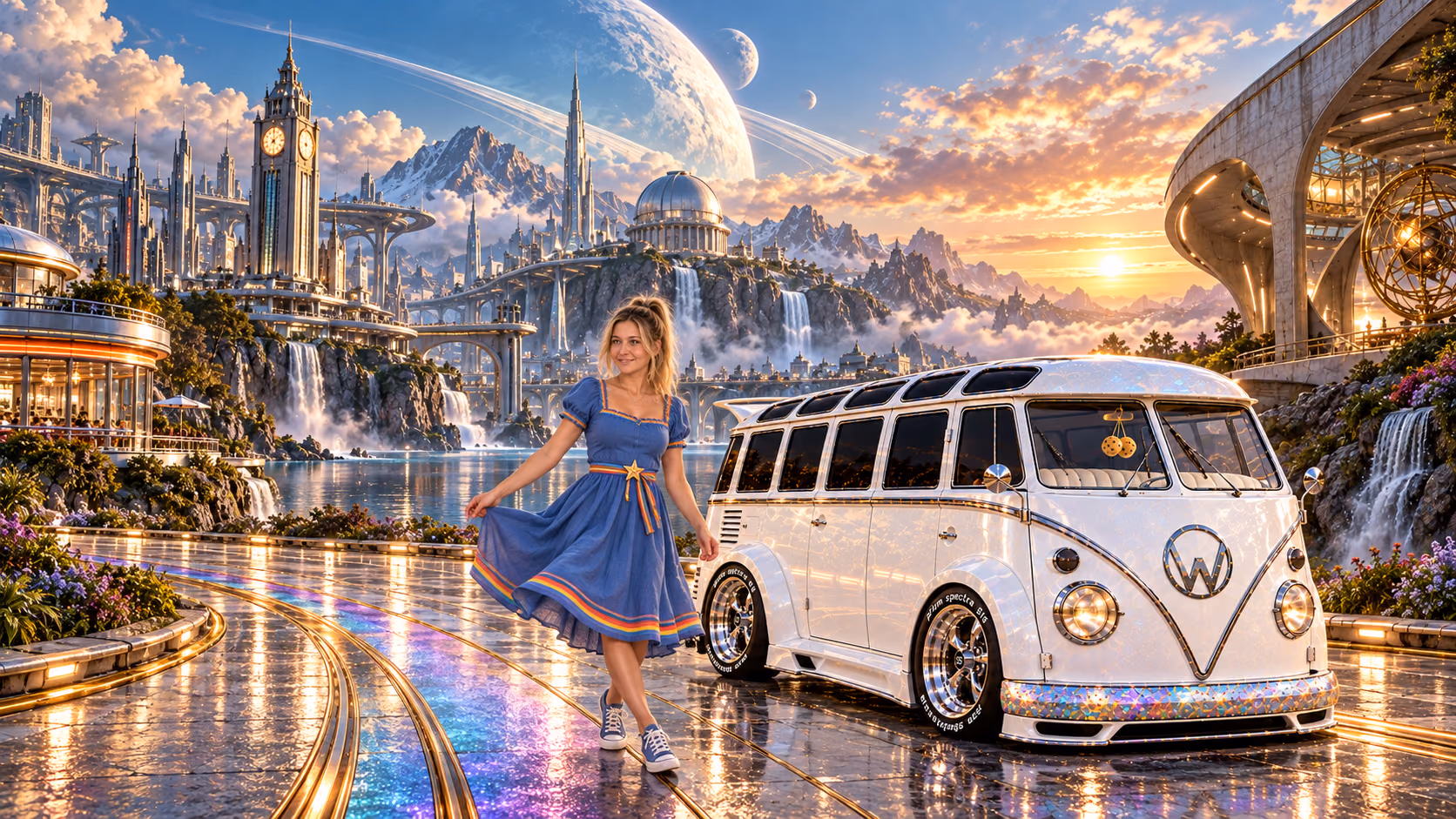 Blonde Iridella in Rainbow Brite-inspired clothing beside the pearl-white custom Volkswagen Samba Starlite at Fluxhaven, with an expansive fantasy landscape.