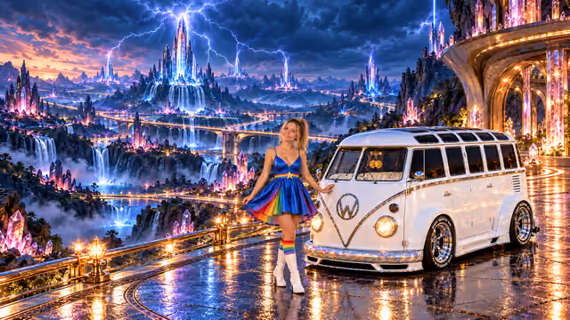 Blonde Iridella in Rainbow Brite-inspired clothing beside the pearl-white custom Volkswagen Samba Starlite at Voltara, with an expansive fantasy landscape.