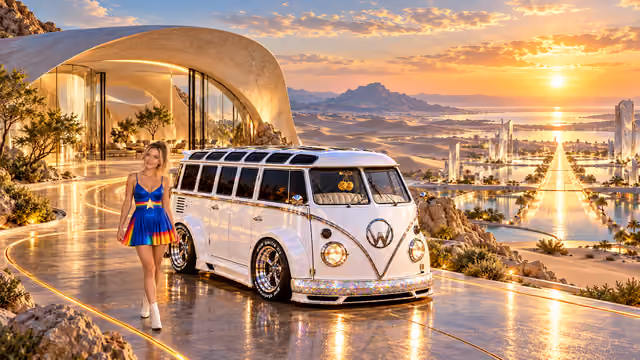Blonde Iridella in Rainbow Brite-inspired clothing beside the pearl-white custom Volkswagen Samba Starlite at Auralis, with an expansive fantasy landscape.