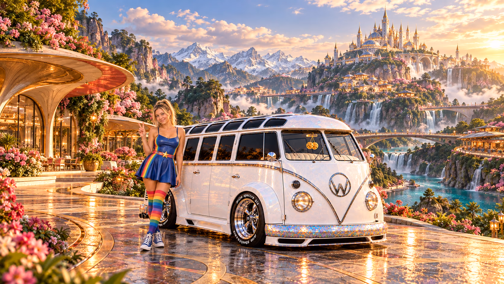 Blonde Iridella in Rainbow Brite-inspired clothing beside the pearl-white custom Volkswagen Samba Starlite at Harmonia, with an expansive fantasy landscape.