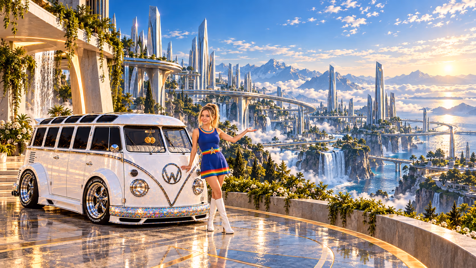 Blonde Iridella in Rainbow Brite-inspired clothing beside the pearl-white custom Volkswagen Samba Starlite at Acurion, with an expansive fantasy landscape.