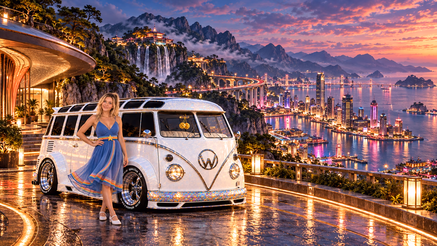 Blonde Iridella in Rainbow Brite-inspired clothing beside the pearl-white custom Volkswagen Samba Starlite at Nissara, with an expansive fantasy landscape.