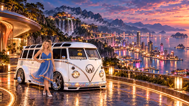 Blonde Iridella in Rainbow Brite-inspired clothing beside the pearl-white custom Volkswagen Samba Starlite at Nissara, with an expansive fantasy landscape.