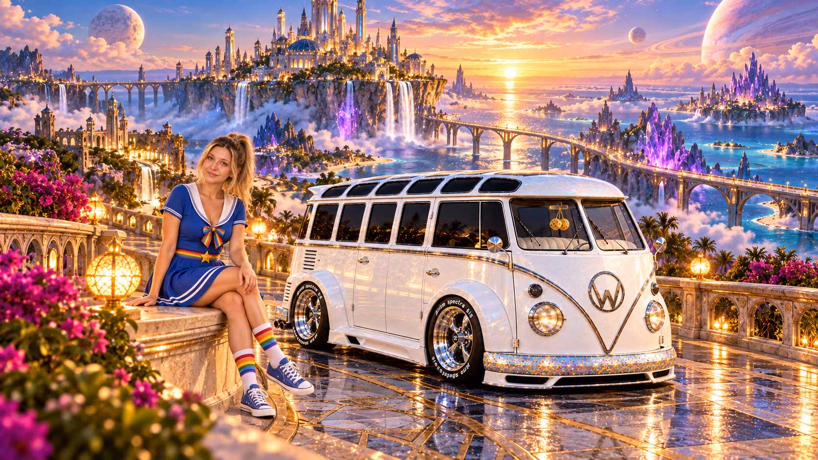 Blonde Iridella in Rainbow Brite-inspired clothing beside the pearl-white custom Volkswagen Samba Starlite at Infinitara, with an expansive fantasy landscape.
