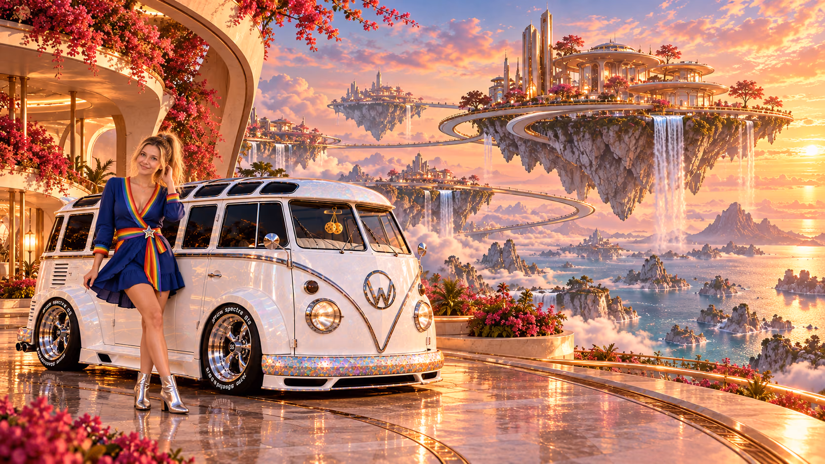 Blonde Iridella in Rainbow Brite-inspired clothing beside the pearl-white custom Volkswagen Samba Starlite at Rotoria, with an expansive fantasy landscape.