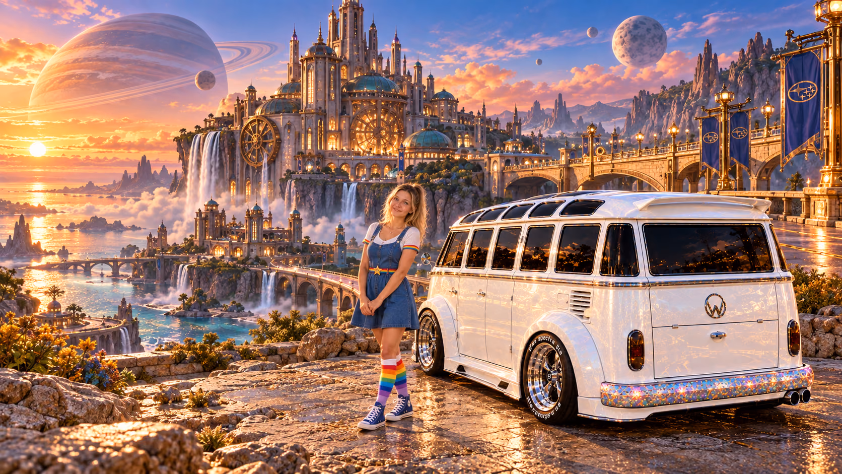 Blonde Iridella in Rainbow Brite-inspired clothing beside the pearl-white custom Volkswagen Samba Starlite at Boxerhold, with an expansive fantasy landscape.