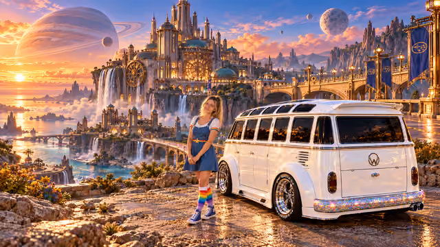 Blonde Iridella in Rainbow Brite-inspired clothing beside the pearl-white custom Volkswagen Samba Starlite at Boxerhold, with an expansive fantasy landscape.