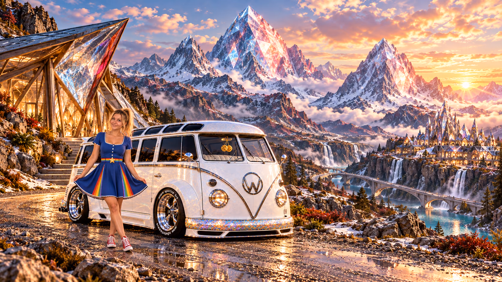 Blonde Iridella in Rainbow Brite-inspired clothing beside the pearl-white custom Volkswagen Samba Starlite at Trionis, with an expansive fantasy landscape.