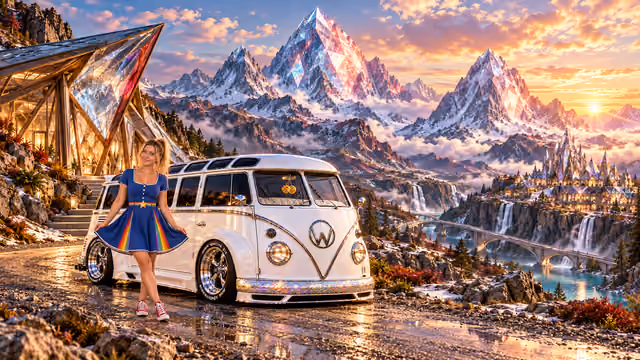 Blonde Iridella in Rainbow Brite-inspired clothing beside the pearl-white custom Volkswagen Samba Starlite at Trionis, with an expansive fantasy landscape.