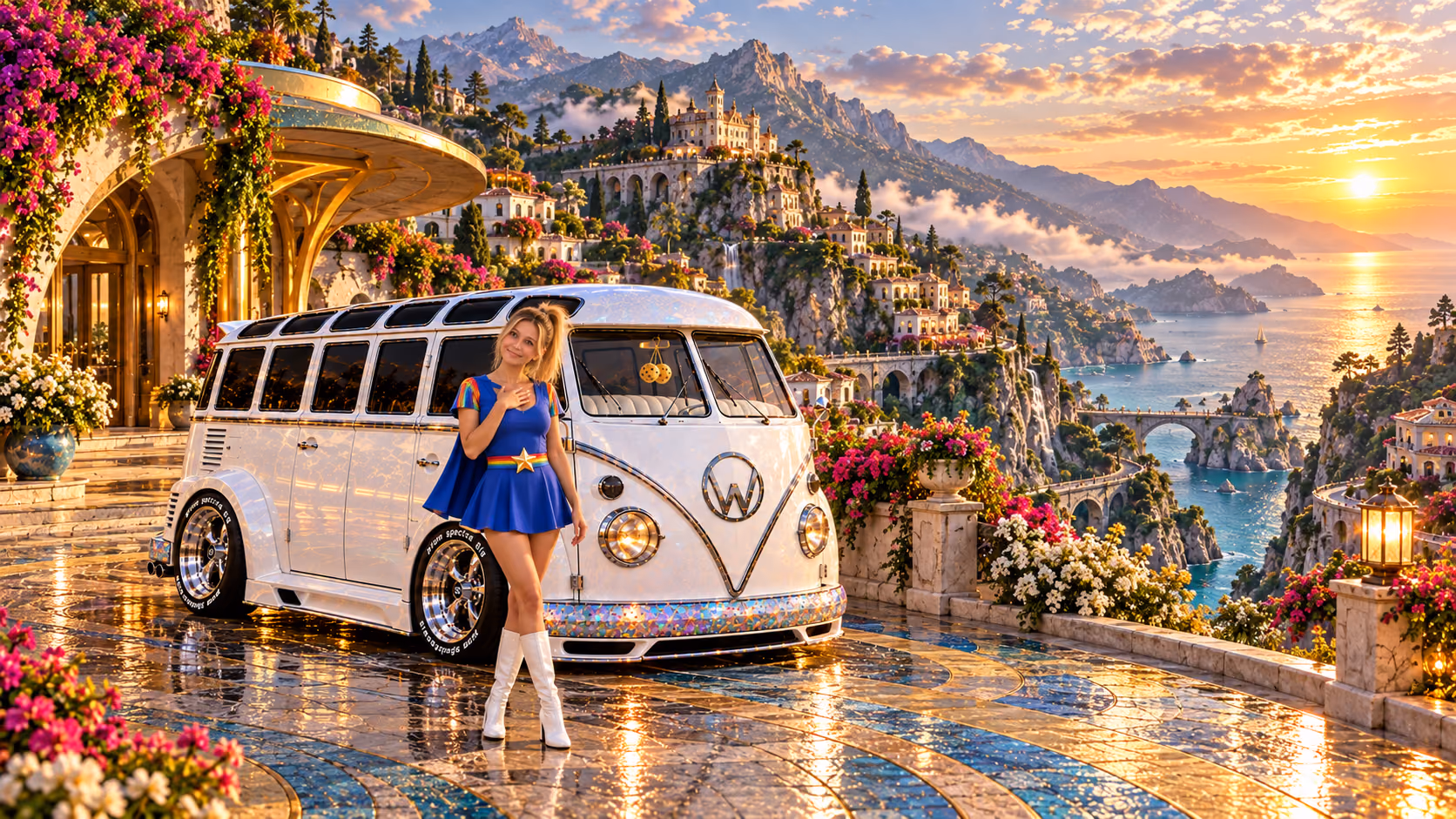 Blonde Iridella in Rainbow Brite-inspired clothing beside the pearl-white custom Volkswagen Samba Starlite at Swiftara, with an expansive fantasy landscape.