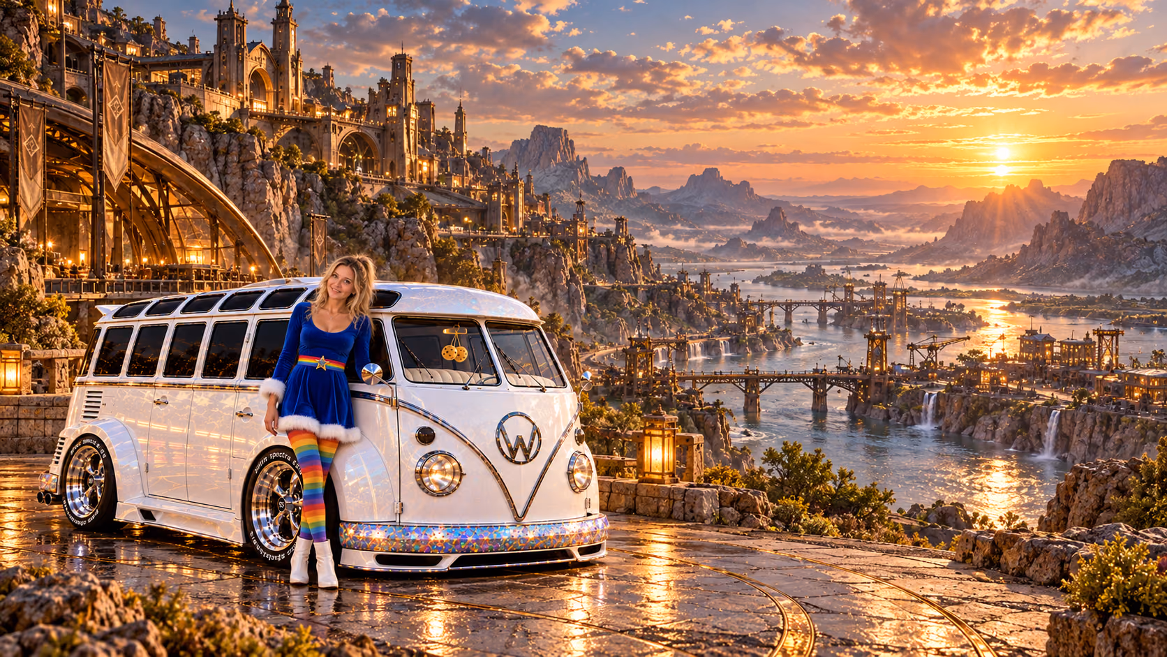 Blonde Iridella in Rainbow Brite-inspired clothing beside the pearl-white custom Volkswagen Samba Starlite at Duralon, with an expansive fantasy landscape.