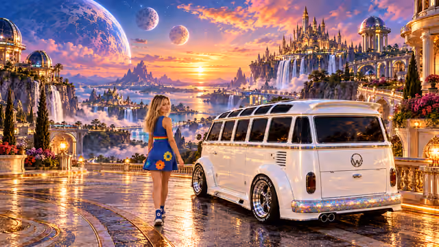 Blonde Iridella in Rainbow Brite-inspired clothing beside the pearl-white custom Volkswagen Samba Starlite at Sternara, with an expansive fantasy landscape.