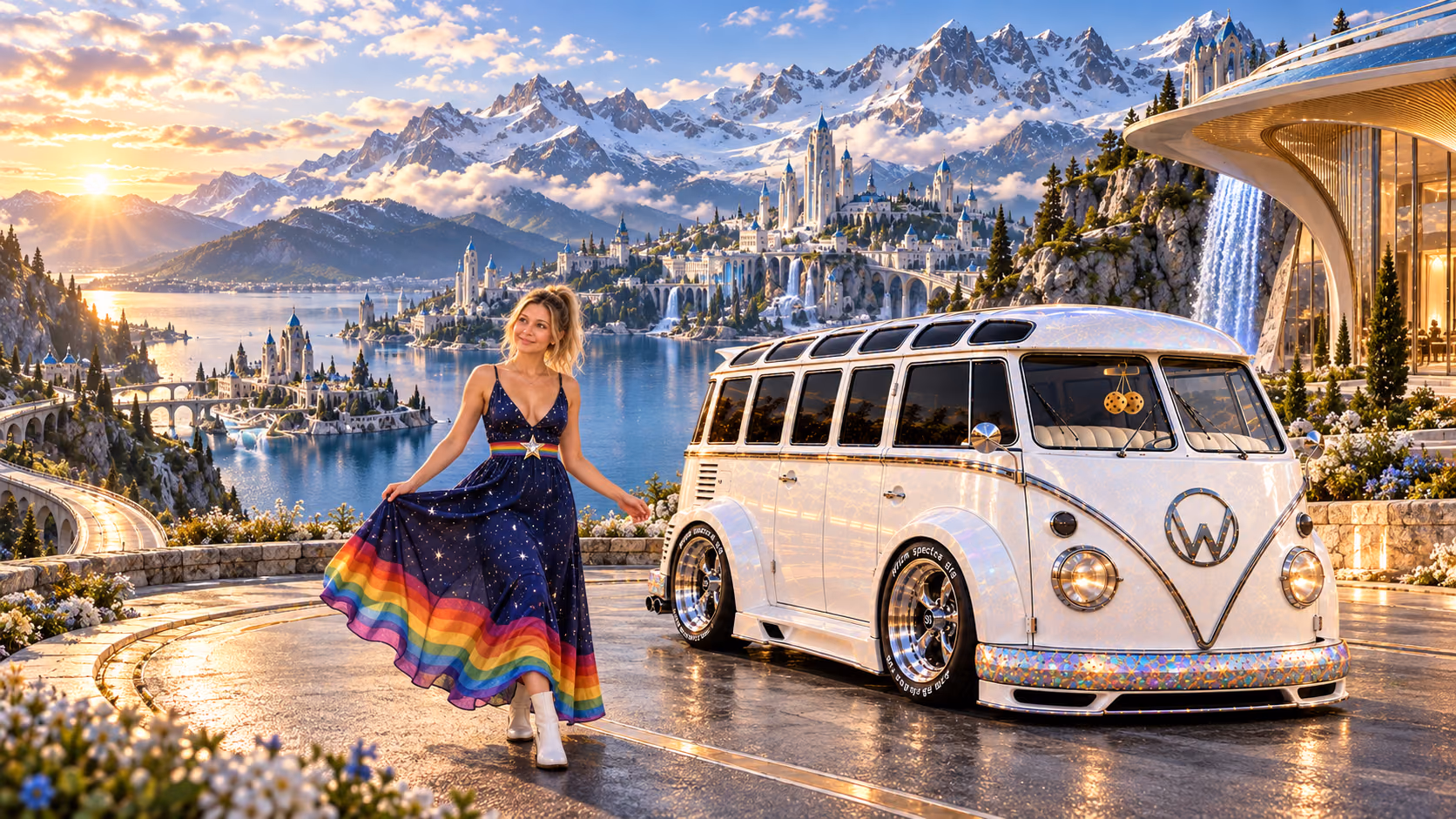 Blonde Iridella in Rainbow Brite-inspired clothing beside the pearl-white custom Volkswagen Samba Starlite at Bavarion, with an expansive fantasy landscape.