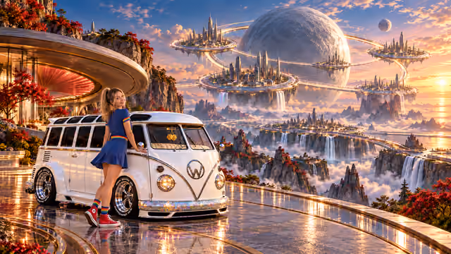 Blonde Iridella in Rainbow Brite-inspired clothing beside the pearl-white custom Volkswagen Samba Starlite at Quattrion, with an expansive fantasy landscape.