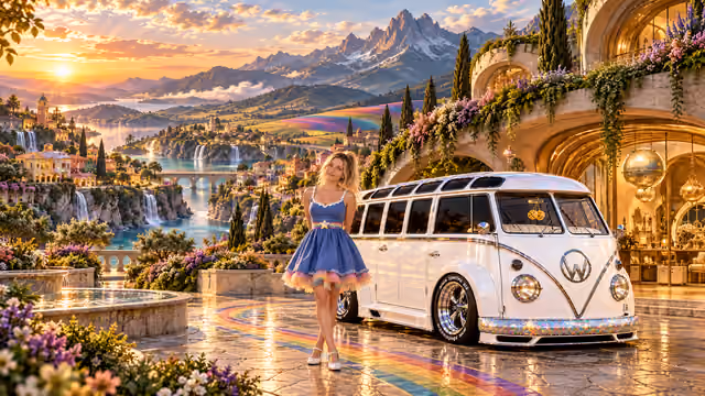 Blonde Iridella in Rainbow Brite-inspired clothing beside the pearl-white custom Volkswagen Samba Starlite at Wolfsora, with an expansive fantasy landscape.