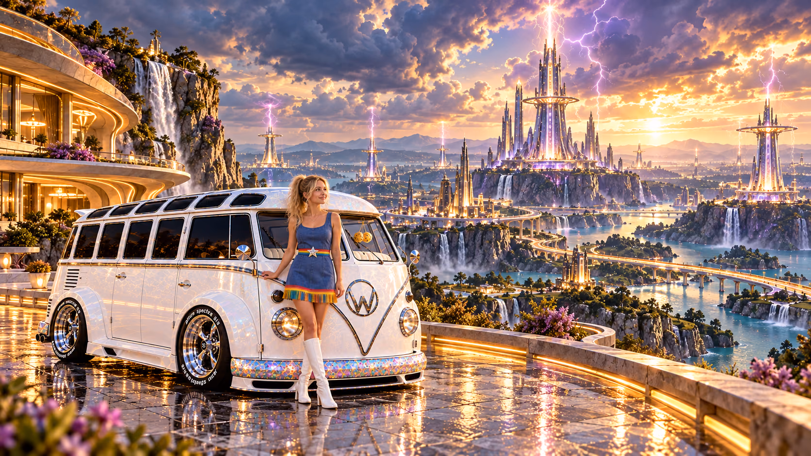 Blonde Iridella in Rainbow Brite-inspired clothing beside the pearl-white custom Volkswagen Samba Starlite at Blitzara, with an expansive fantasy landscape.