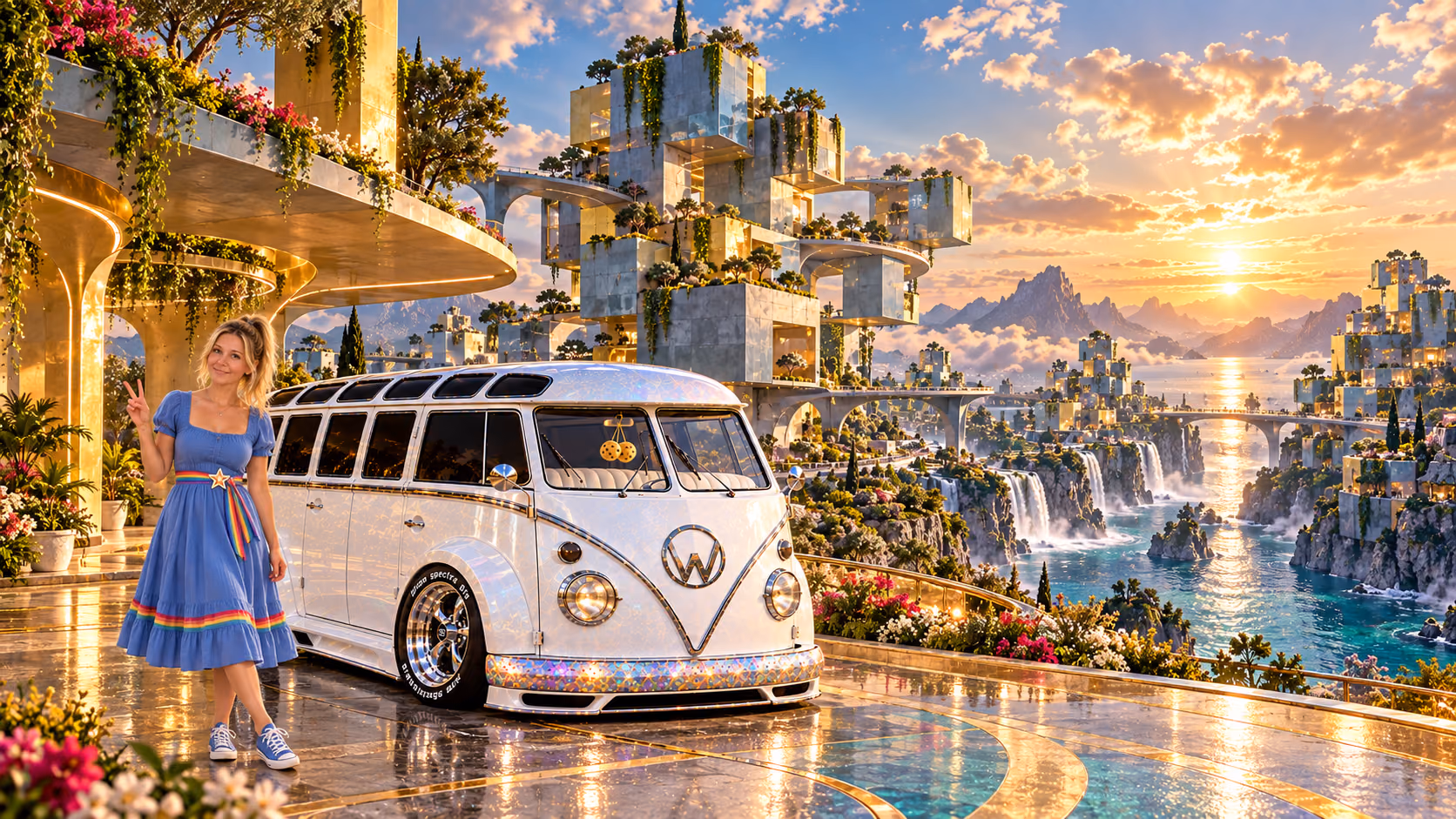 Blonde Iridella in Rainbow Brite-inspired clothing beside the pearl-white custom Volkswagen Samba Starlite at Cubiq, with an expansive fantasy landscape.